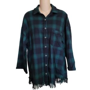 Emory Park Green Blue Plaid Button Down Flannel with Fringe Shirt Women's Medium